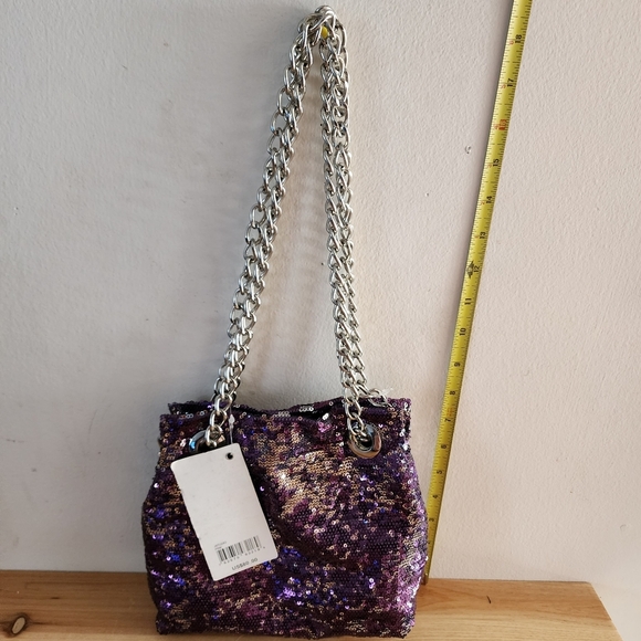 BIG BUDDHA Metallic Purple Silver Sequin Silver Chain Straps Slouchy Hobo Bag - Picture 13 of 13